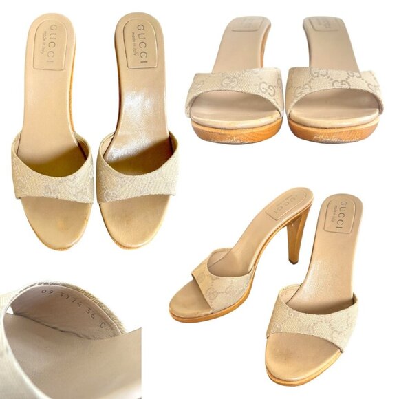 90'S Y2K AUTHENTIC‎ GUCCI NUDE LOGO MONOGRAM SANDALS SLIDES HEELS US 6 EUC - Picture 5 of 7